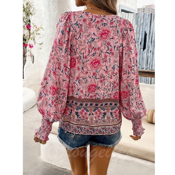 Pink Floral Printed Boho Long Sleeve Blouse Loose Fit Neck Ties Lantern Sleeve - Picture 3 of 8